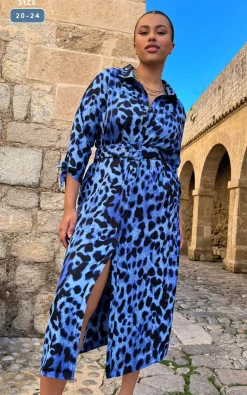Women Dancing Leopard Alva Midi Shirt Dress In Bright Blue Leopard - Extended Sizing