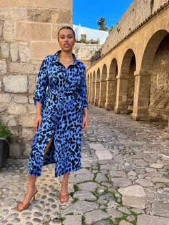 Women Dancing Leopard Alva Midi Shirt Dress In Bright Blue Leopard - Extended Sizing