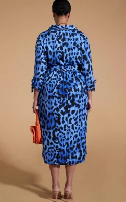 Women Dancing Leopard Alva Midi Shirt Dress In Bright Blue Leopard - Extended Sizing
