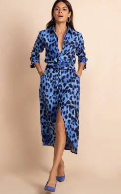 Women Dancing Leopard Alva Midi Shirt Dress In Bright Blue Leopard