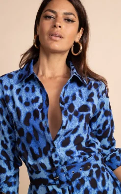 Women Dancing Leopard Alva Midi Shirt Dress In Bright Blue Leopard