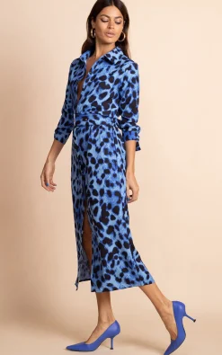 Women Dancing Leopard Alva Midi Shirt Dress In Bright Blue Leopard