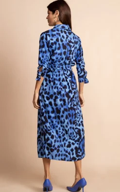 Women Dancing Leopard Alva Midi Shirt Dress In Bright Blue Leopard