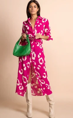 Women Dancing Leopard Alva Midi Shirt Dress In Oversized Leopard Cream On Magenta