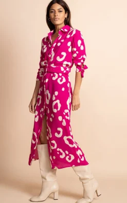 Women Dancing Leopard Alva Midi Shirt Dress In Oversized Leopard Cream On Magenta