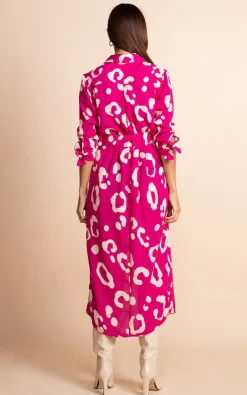Women Dancing Leopard Alva Midi Shirt Dress In Oversized Leopard Cream On Magenta