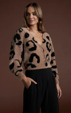 Women Dancing Leopard Bambino Cardigan In Black On Mocha Leopard