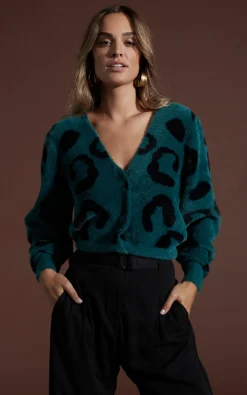Women Dancing Leopard Bambino Cardigan In Black On Forest Green Leopard