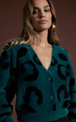 Women Dancing Leopard Bambino Cardigan In Black On Forest Green Leopard