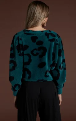 Women Dancing Leopard Bambino Cardigan In Black On Forest Green Leopard