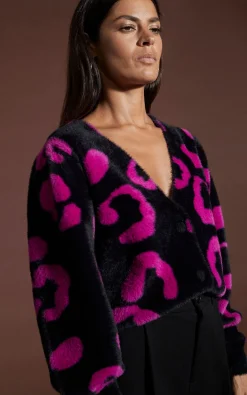 Women Dancing Leopard Bambino Cardigan In Cerise On Black Leopard