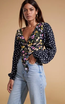 Women Dancing Leopard Betsy Tie Front Top In Citrus Tulip And Odd Dot Mix