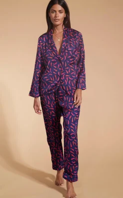 Women Dancing Leopard Cosmos Satin Long Leg Pj Set In Chilli Pepper