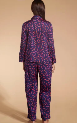 Women Dancing Leopard Cosmos Satin Long Leg Pj Set In Chilli Pepper