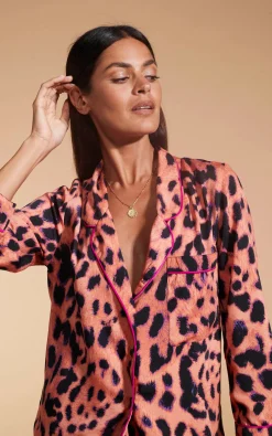 Women Dancing Leopard Cosmos Satin Long Leg Pj Set In Plorange Leopard