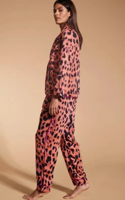 Women Dancing Leopard Cosmos Satin Long Leg Pj Set In Plorange Leopard