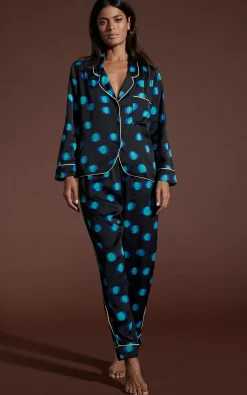Women Dancing Leopard Cosmos Satin Long Leg Pj Set In Polka Dot Blue On Black
