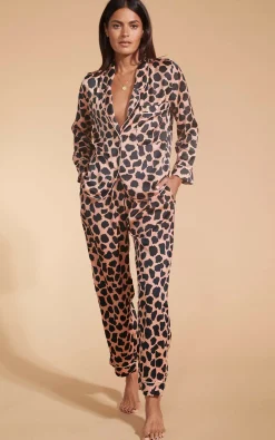 Women Dancing Leopard Cosmos Satin Long Leg Pj Set In Beige Cloud