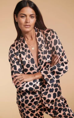 Women Dancing Leopard Cosmos Satin Long Leg Pj Set In Beige Cloud