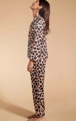 Women Dancing Leopard Cosmos Satin Long Leg Pj Set In Beige Cloud