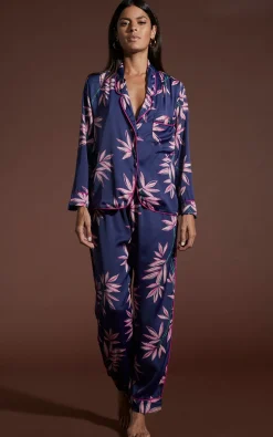 Women Dancing Leopard Cosmos Satin Long Leg Pj Set In Bamboo Navy Base