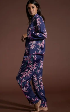 Women Dancing Leopard Cosmos Satin Long Leg Pj Set In Bamboo Navy Base