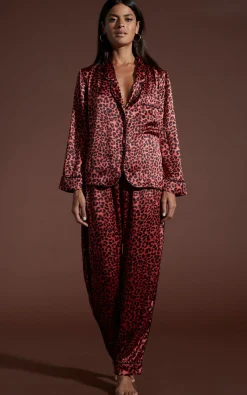 Women Dancing Leopard Cosmos Satin Long Leg Pj Set In Ruby Red Leopard