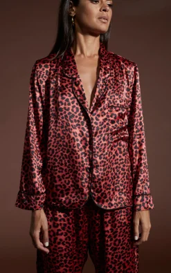 Women Dancing Leopard Cosmos Satin Long Leg Pj Set In Ruby Red Leopard