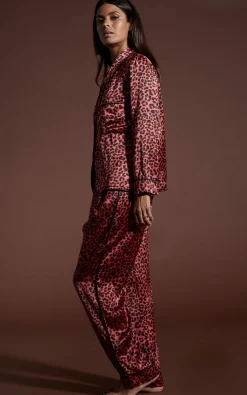 Women Dancing Leopard Cosmos Satin Long Leg Pj Set In Ruby Red Leopard