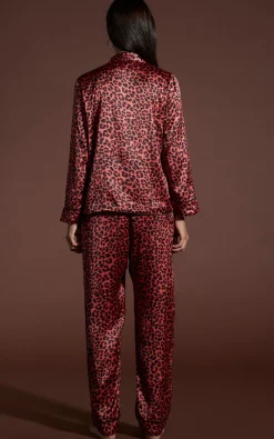 Women Dancing Leopard Cosmos Satin Long Leg Pj Set In Ruby Red Leopard