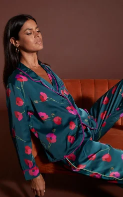 Women Dancing Leopard Cosmos Satin Long Leg Pj Set In Poppies On Dark Green