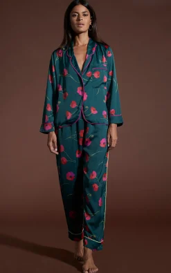 Women Dancing Leopard Cosmos Satin Long Leg Pj Set In Poppies On Dark Green