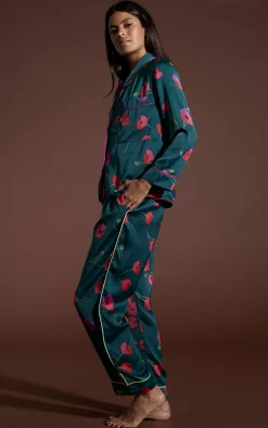 Women Dancing Leopard Cosmos Satin Long Leg Pj Set In Poppies On Dark Green