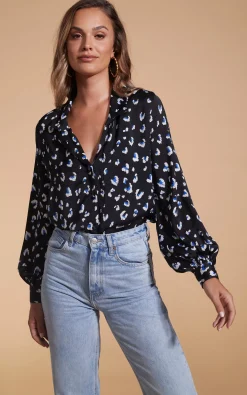 Women Dancing Leopard Dixie Balloon Sleeve Shirt In Abstract Leopard White On Black