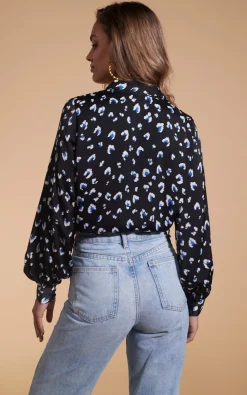 Women Dancing Leopard Dixie Balloon Sleeve Shirt In Abstract Leopard White On Black
