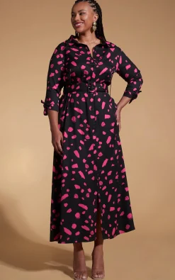 Women Dancing Leopard Dove Dress In Abstract Dot Pink On Black- Extended Sizing