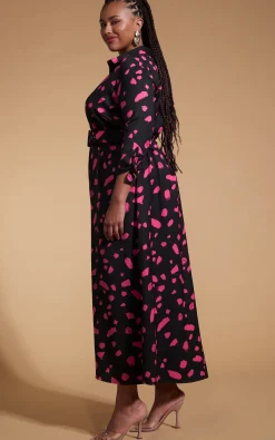 Women Dancing Leopard Dove Dress In Abstract Dot Pink On Black- Extended Sizing