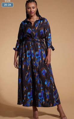 Women Dancing Leopard Dove Dress In Camo Abstract Blue On Black- Extended Sizing