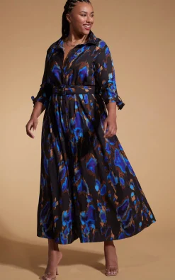 Women Dancing Leopard Dove Dress In Camo Abstract Blue On Black- Extended Sizing