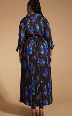 Women Dancing Leopard Dove Dress In Camo Abstract Blue On Black- Extended Sizing