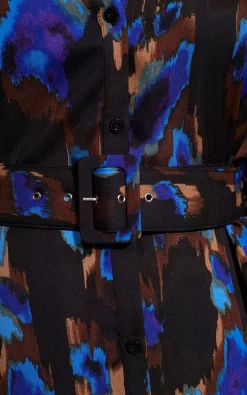 Women Dancing Leopard Dove Dress In Camo Abstract Blue On Black- Extended Sizing
