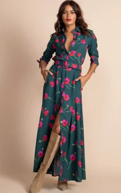 Women Dancing Leopard Dove Dress In Poppies On Dark Green