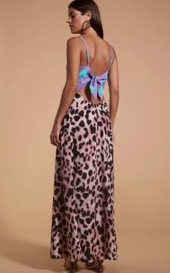 Women Dancing Leopard Florence Dress In Green On Purple Dot & Blush Leopard