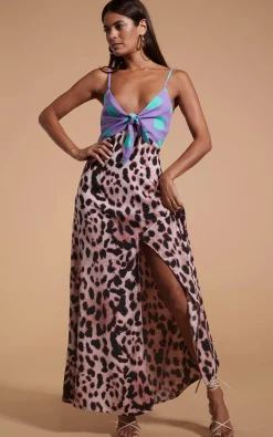 Women Dancing Leopard Florence Dress In Green On Purple Dot & Blush Leopard