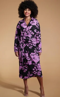 Women Dancing Leopard Frankie Wrap Dress In Lilac On Black Floral - Extended Sizing