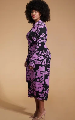 Women Dancing Leopard Frankie Wrap Dress In Lilac On Black Floral - Extended Sizing