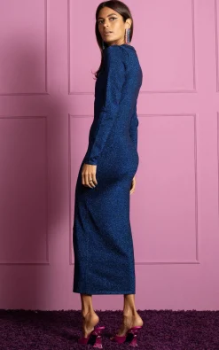 Women Dancing Leopard Gianna Metallic Knit Midaxi Dress In Blue