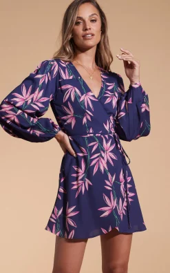 Women Dancing Leopard Ginger Mini Wrap Dress In Bamboo Navy Base