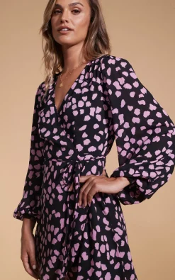 Women Dancing Leopard Ginger Mini Wrap Dress In Pink On Black Cloud