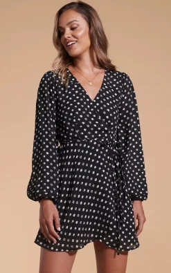 Women Dancing Leopard Ginger Mini Wrap Dress In Black Polka Dot